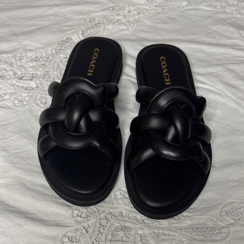 Coach Georgie Slide Sandal 8 Black Leather Knotted Flat NIB ($175 sold out)